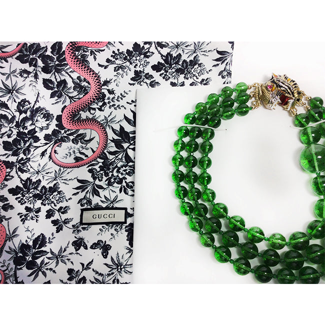 Gucci Multi-Strand Green Stone Necklace with Lion Head