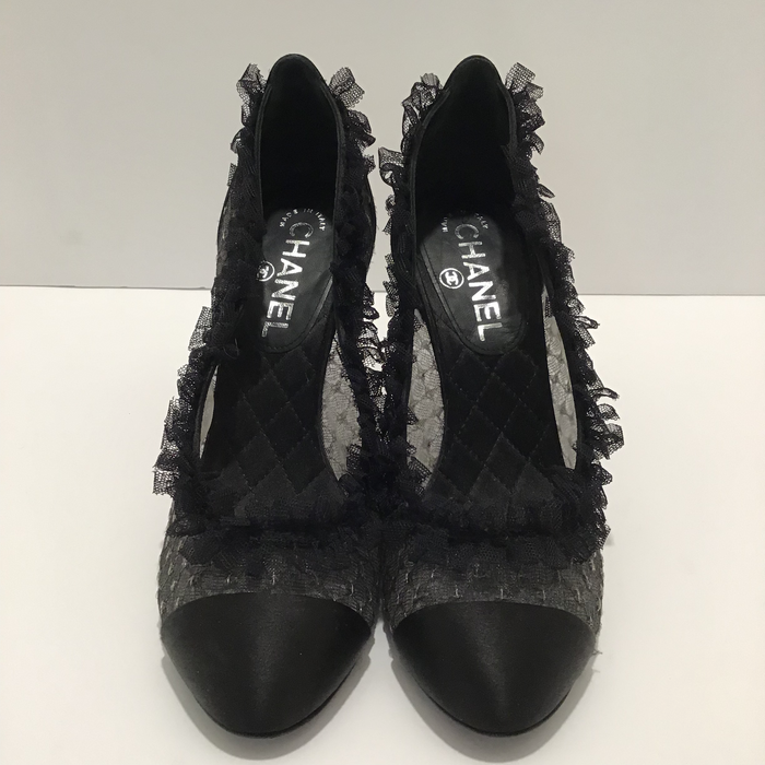 Chanel Black Lace Heels Sz 37.5 (7.5)
