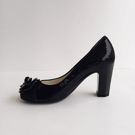 Chanel Black Sequin Heels with Camellia Sz 37 (7) – Cris Consignment