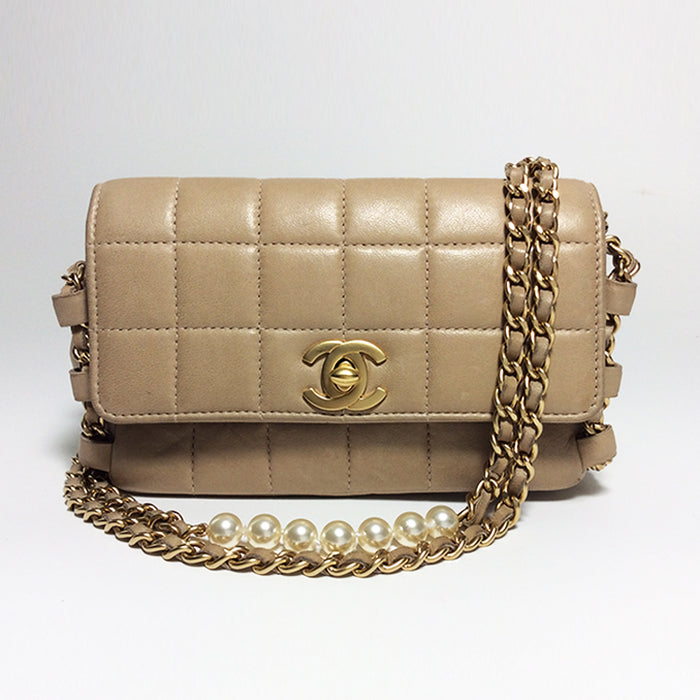 Chanel Beige Quilted Mini Handbag with Gold & Pearl Chain Strap