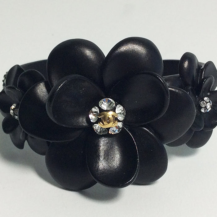 Chanel Black Metal Cuff with Camellia and Crystals