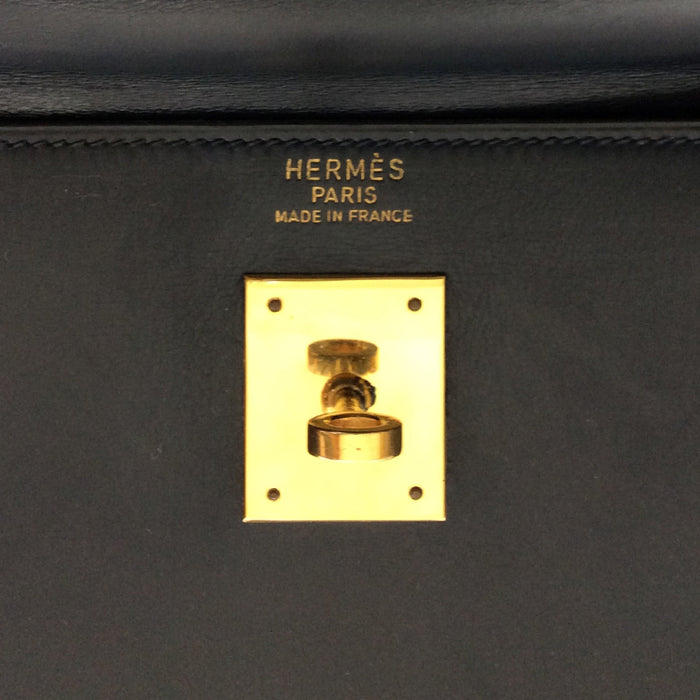 Hermès Vintage Navy Box Kelly 36cm with Gold Hardware