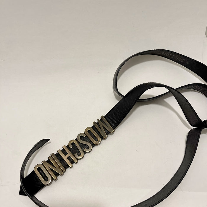 Moschino Black Leather Belt with Gold-Tone Letters, Sz 6