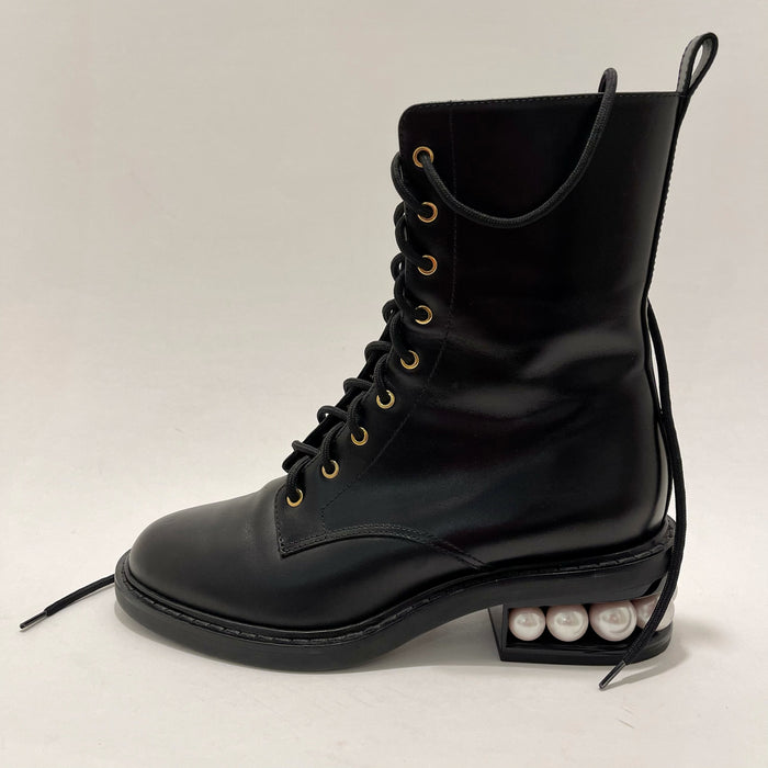Nicholas Kirkwood Black Combat Boots with Pearl-Embellished Heels, Sz 37.5, US 7.5