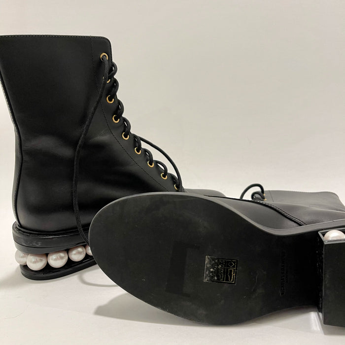 Nicholas Kirkwood Black Combat Boots with Pearl-Embellished Heels, Sz 37.5, US 7.5