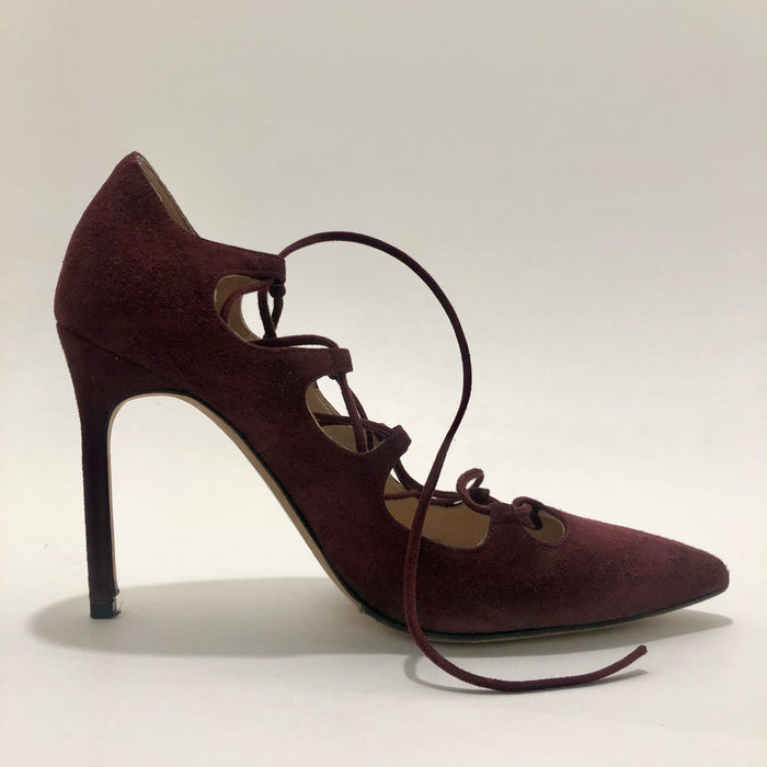 Manolo Blahnik Burgundy Lace-Up Heels, Sz 37, US 7