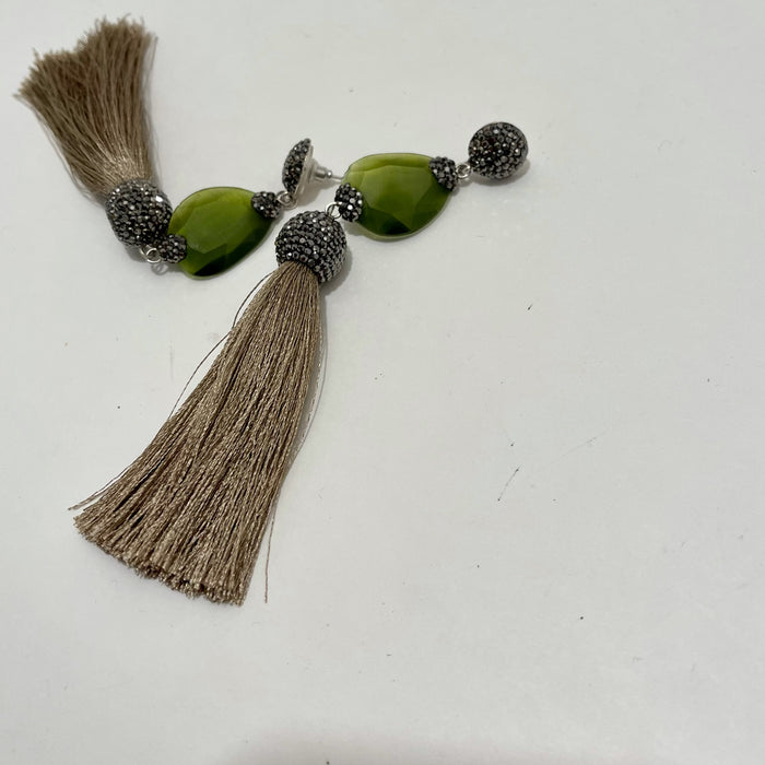 Green and Charcoal Jewel Earrings with Thread Tassles