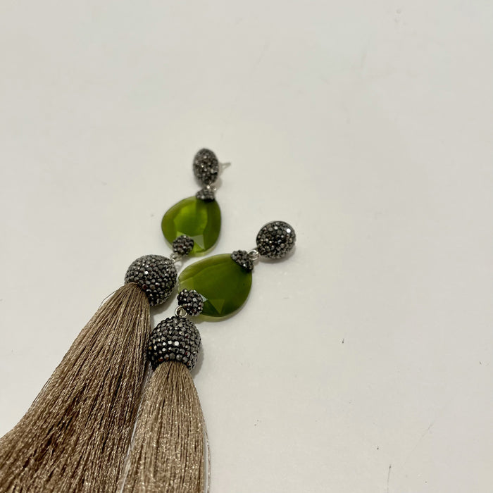 Green and Charcoal Jewel Earrings with Thread Tassles