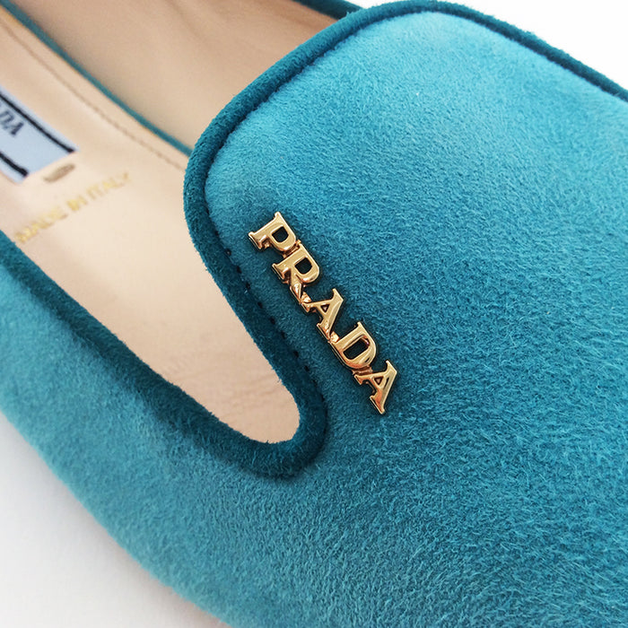 Prada Turquoise Suede Loafers with Gold Logo Sz 37 (7)