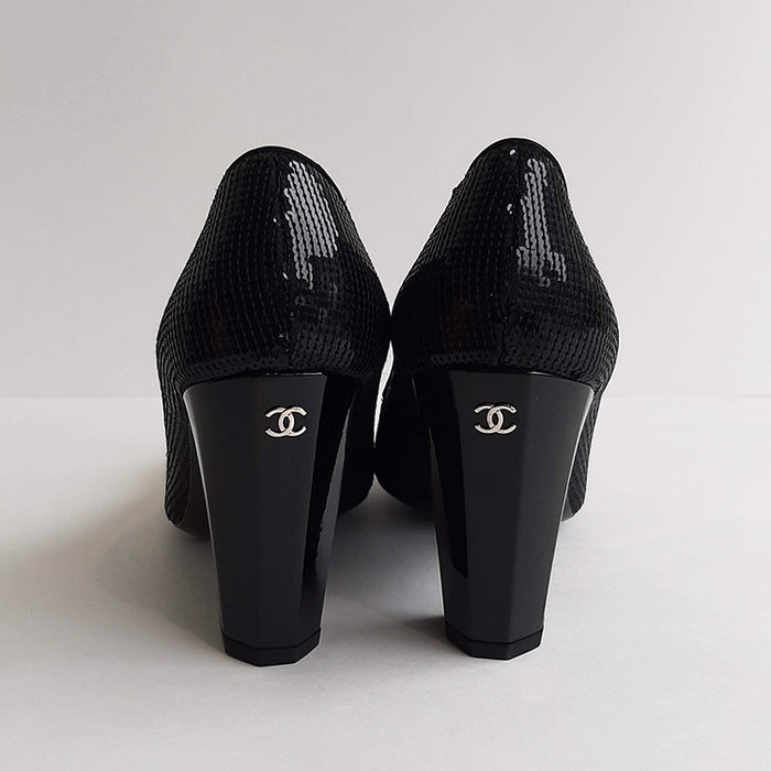 Chanel Black Sequin Heels with Camellia Sz 37 (7)