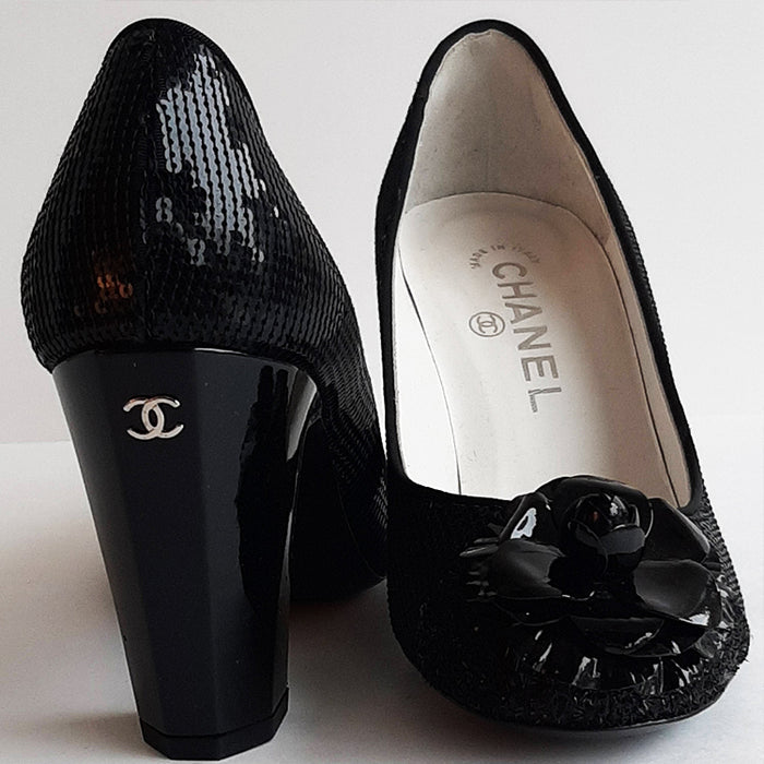 Chanel Black Sequin Heels with Camellia Sz 37 (7) – Cris Consignment