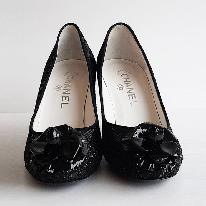 Chanel Black Sequin Heels with Camellia Sz 37 (7)