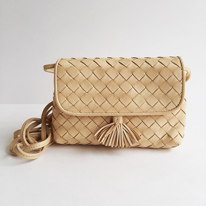 Bottega Veneta Vintage Mini Intrecciato Beige Leather Messenger Handbag