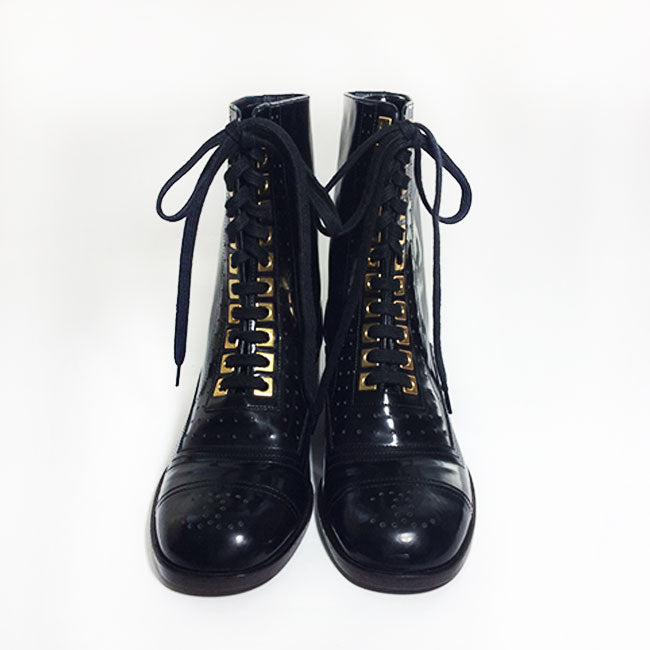Chanel Black Perforated Lace-Up Combat Boots Sz 38.5 (8.5)