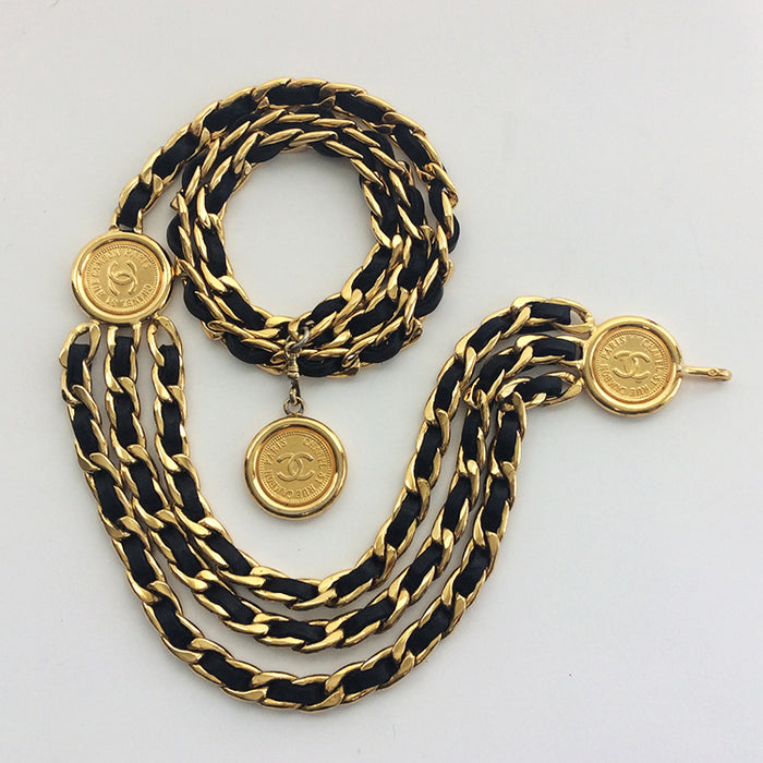 Chanel Vintage "Rue Cambon Paris" Black Leather and Gold Coin belt