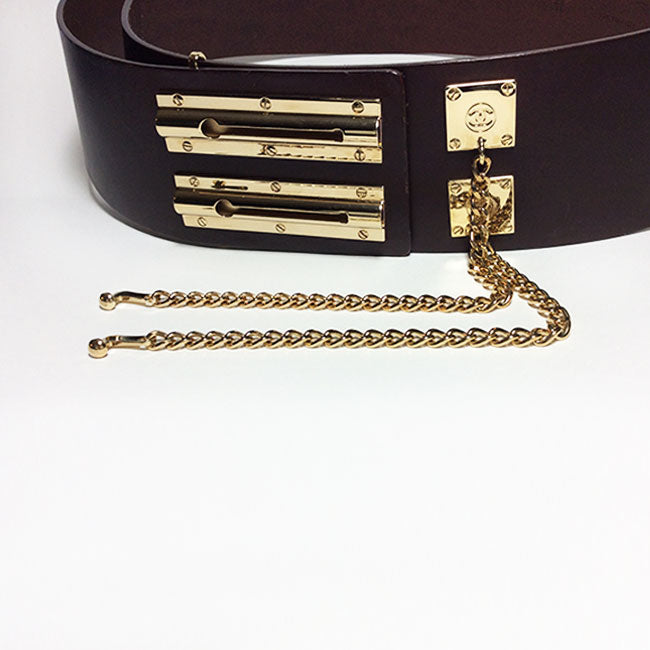 Chanel Wide Leather Brown Belt with Chain Lock Sz 95/38
