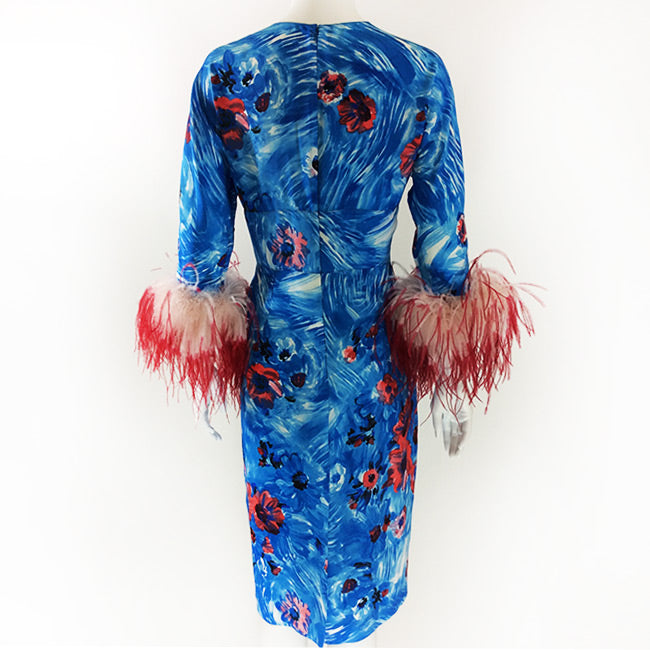 Prada Blue Dress with Ostrich Feather Sleeves Sz 42 (6)