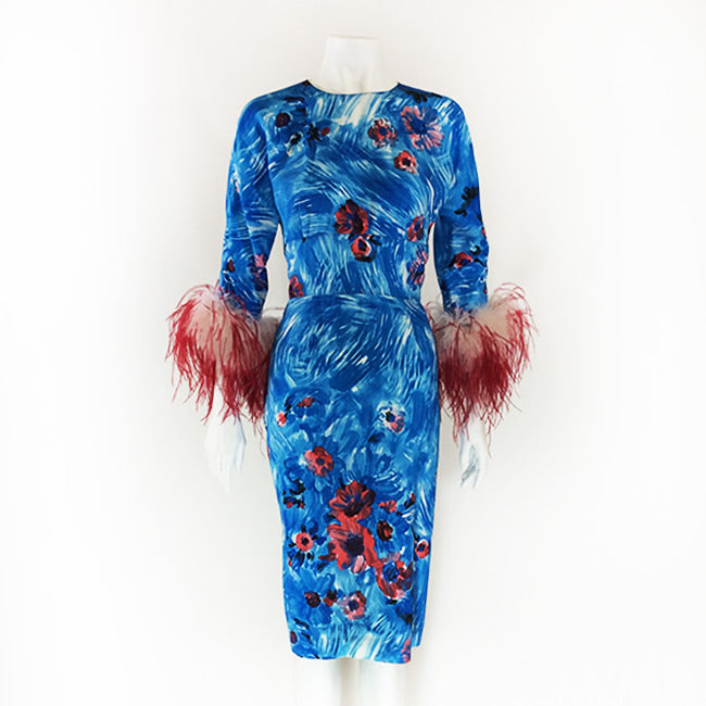 Prada Blue Dress with Ostrich Feather Sleeves Sz 42 (6)