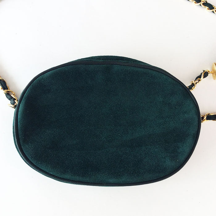 Chanel Vintage Oval Green Suede Classic CC Logo Camera Handbag with Tassel