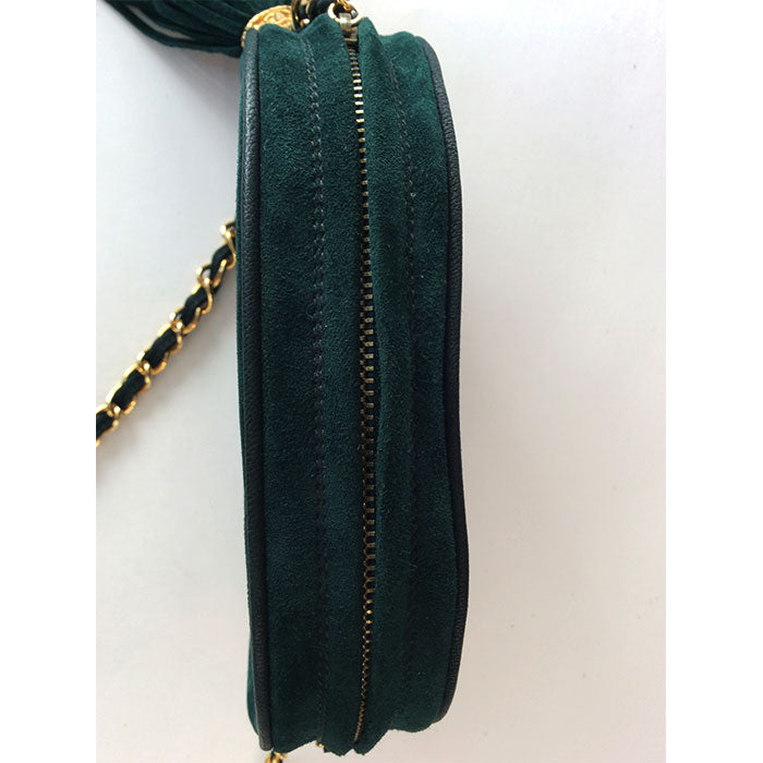 Chanel Vintage Oval Green Suede Classic CC Logo Camera Handbag with Tassel
